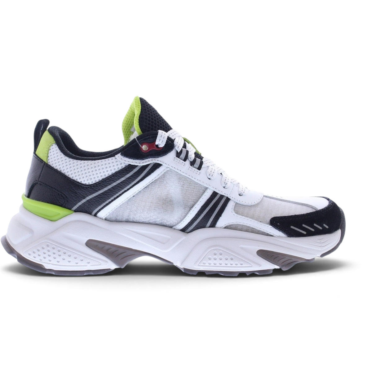 FRG KRAZ athletic sneaker in white, black, and lime green with mesh and synthetic overlays on a chunky white sole