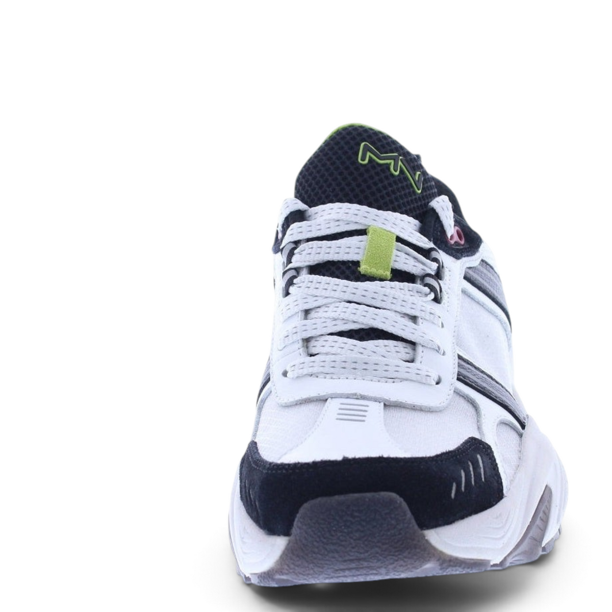 FRG KRAZ athletic sneaker in white and black with lime green accents and mesh detailing, front view
