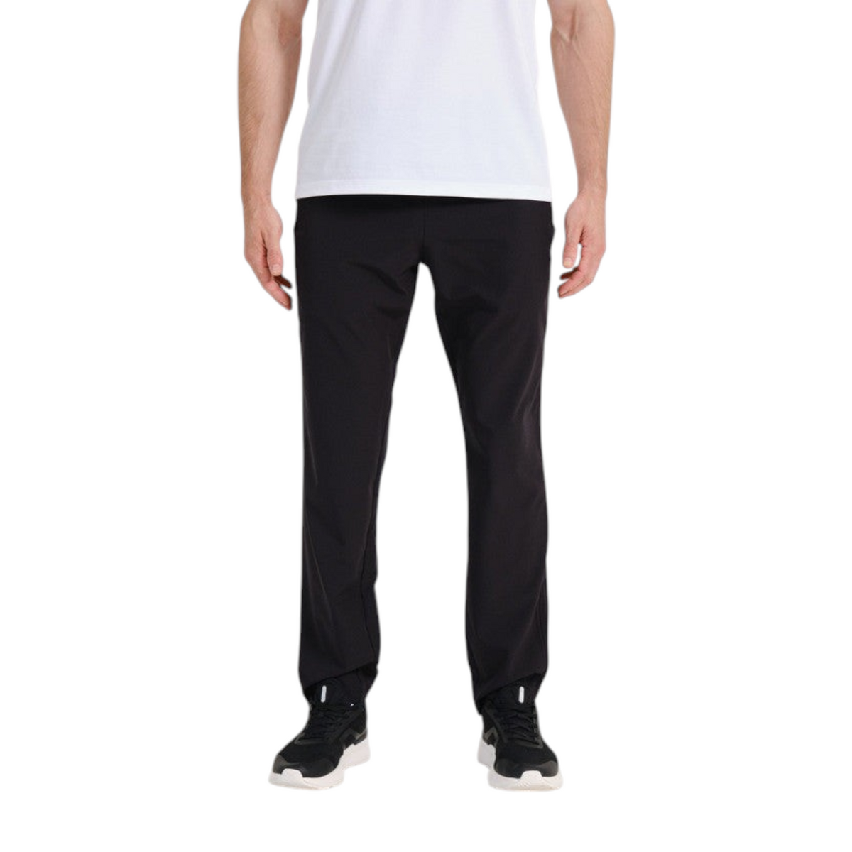 FRG ANTA black woven track pants on a model, featuring a comfortable elastic waistband for athletic performance.