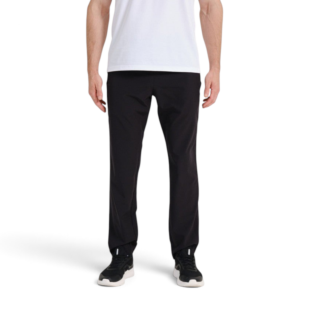 FRG ANTA black woven track pants on a model, featuring a comfortable elastic waistband for athletic performance.