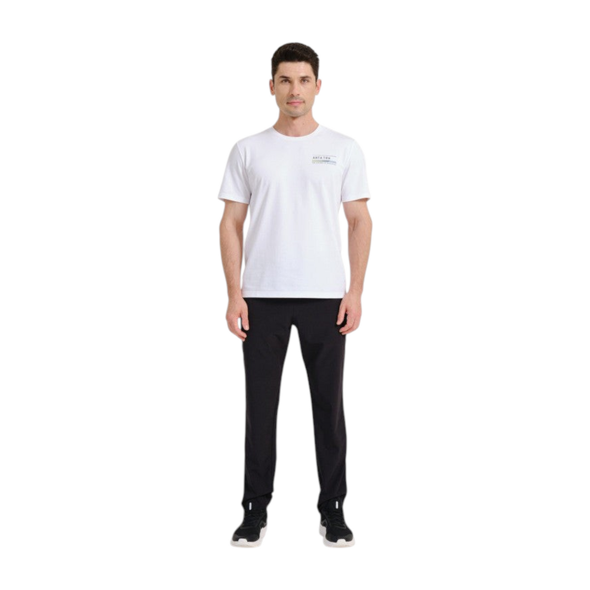 FRG model wearing ANTA black woven track pants and a white t-shirt for athletic training and everyday active wear.