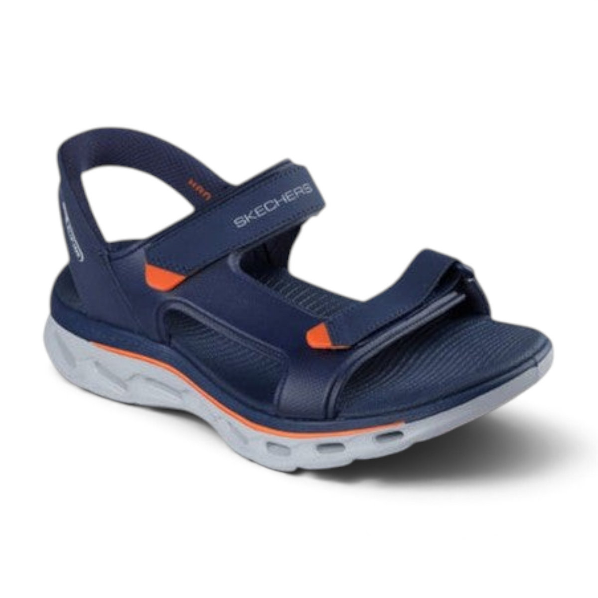 FRG Skechers GO WALK Glide-Step 2.0 navy and orange slip-on sandal with adjustable straps and cushioned midsole