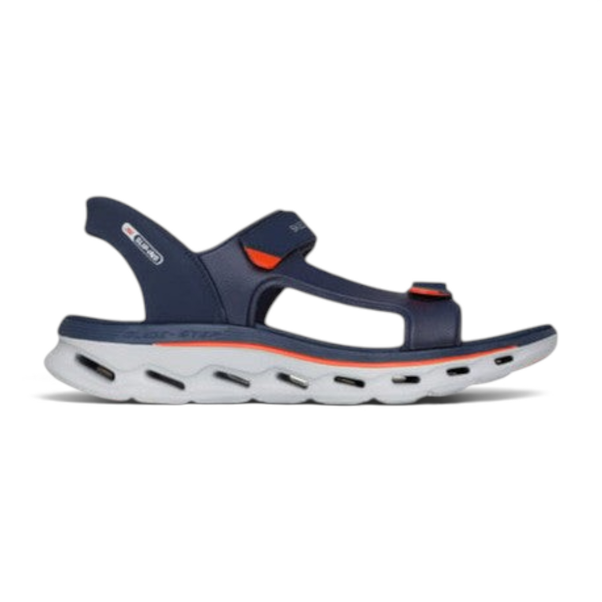 FRG Skechers GO WALK Glide-Step 2.0 navy and orange slip-on sandal with adjustable straps and cushioned midsole