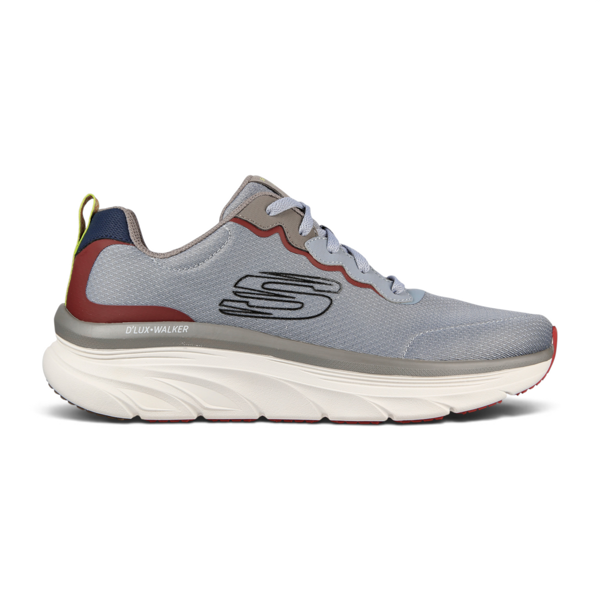 FRG Skechers D'LUX WALKER Scrambler grey engineered knit sneaker with cushioned white sole and red accents