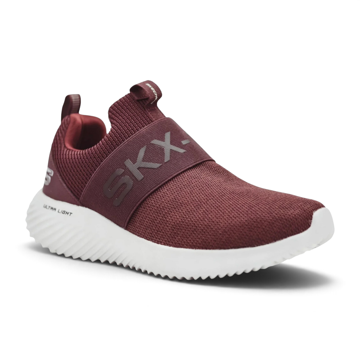 FRG BOUNDER slip-on sneaker in burgundy knit fabric with a white Ultra Light cushioned sole and SKX branding