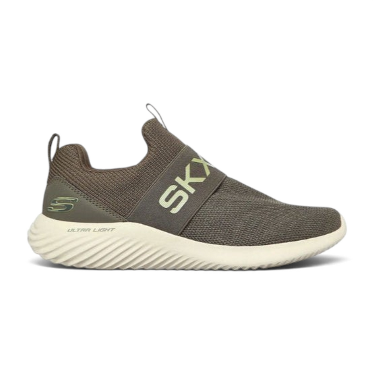 FRG BOUNDER slip-on sneaker in olive green mesh with a thick white Ultra Light sole and branded elastic strap