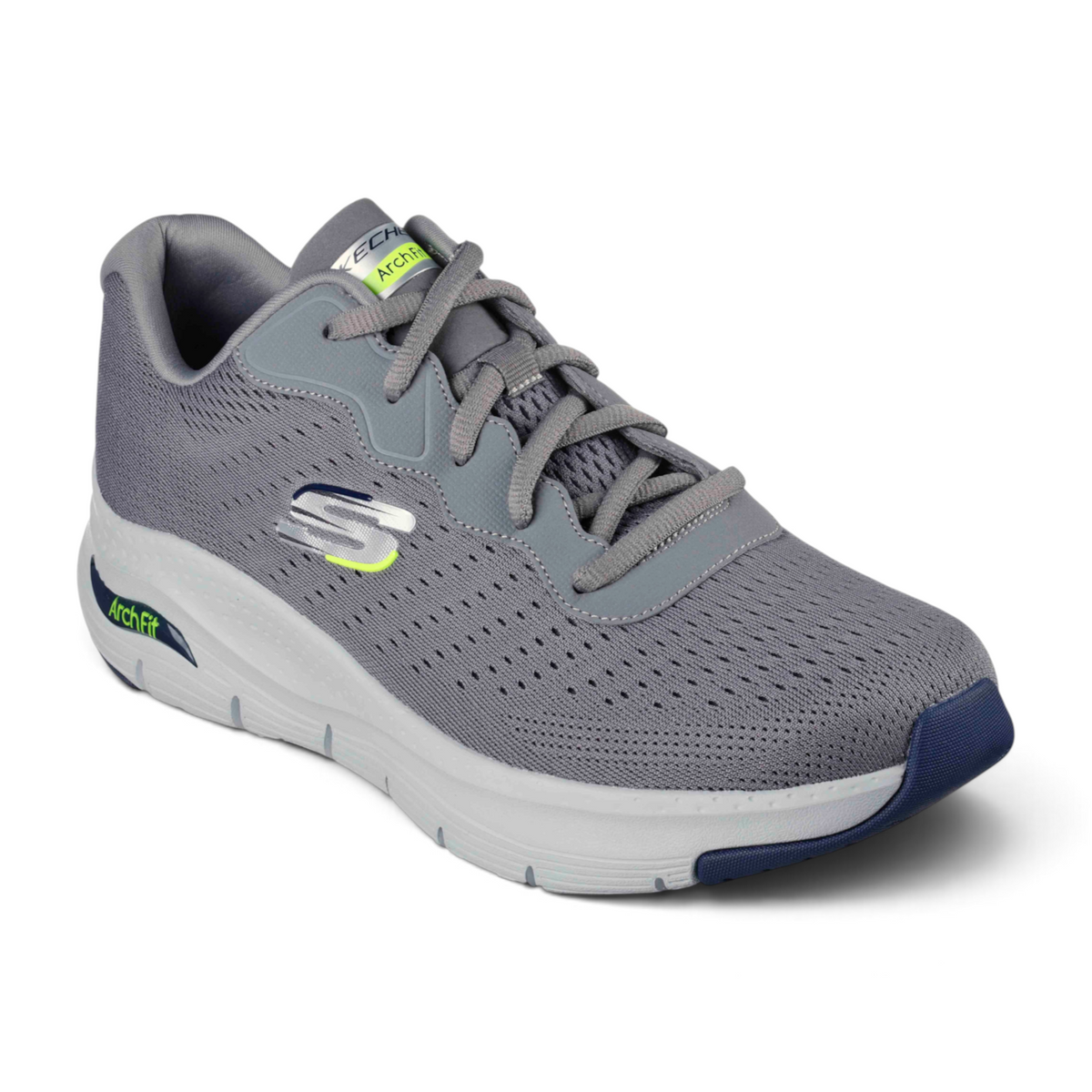 FRG Skechers Arch Fit grey vegan mesh lace-up sneakers with podiatrist-certified arch support and traction outsole