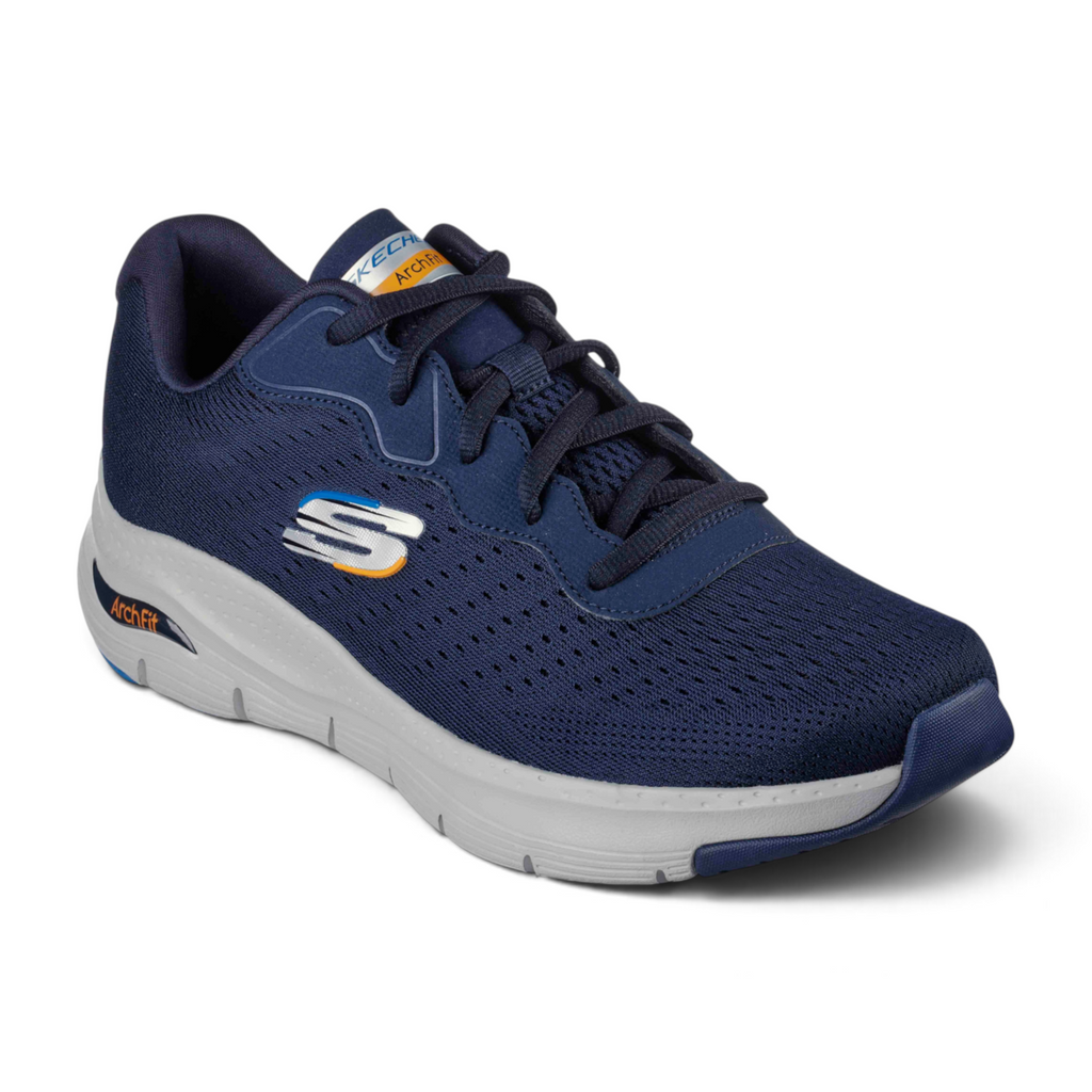 FRG Skechers Arch Fit navy blue athletic sneaker with breathable mesh upper and cushioned grey midsole
