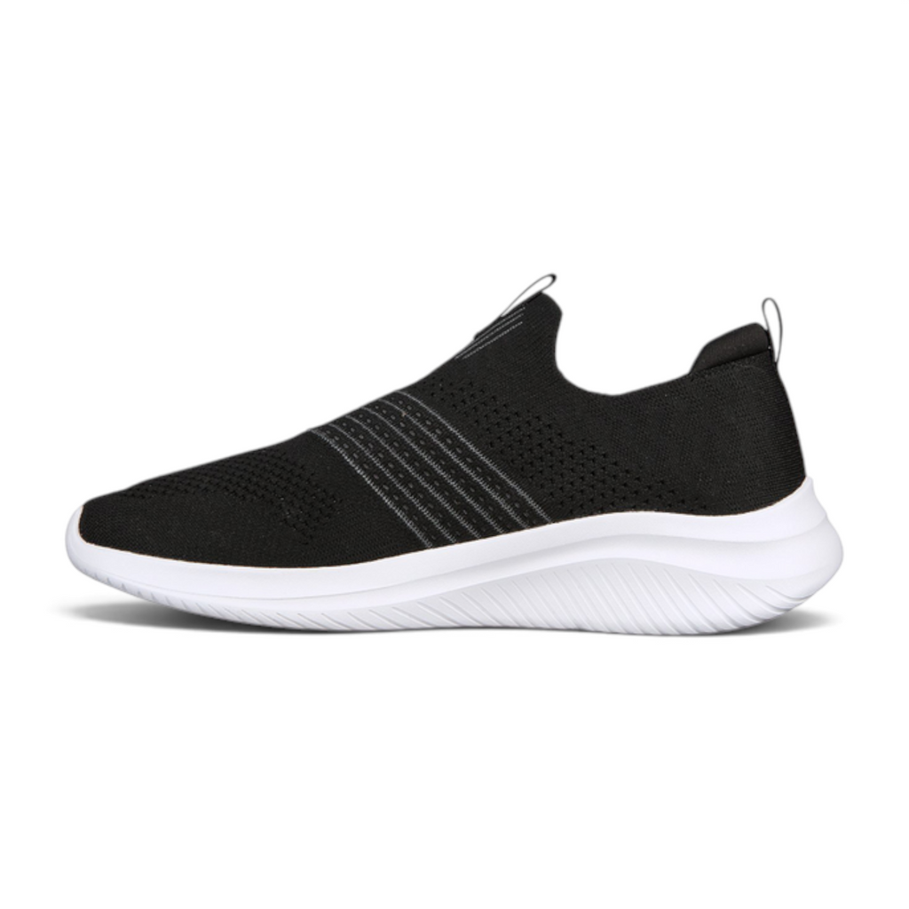 FRG Skechers Ultra Flex 3.0 slip-on sneaker in black stretch-knit with a white cushioned sole