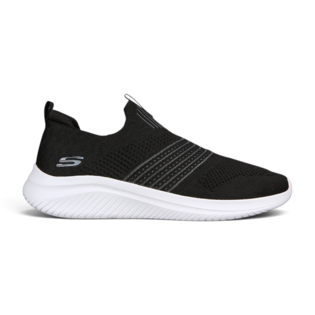 FRG Skechers Ultra Flex 3.0 black slip-on sneaker with a white cushioned sole and breathable stretch-knit upper