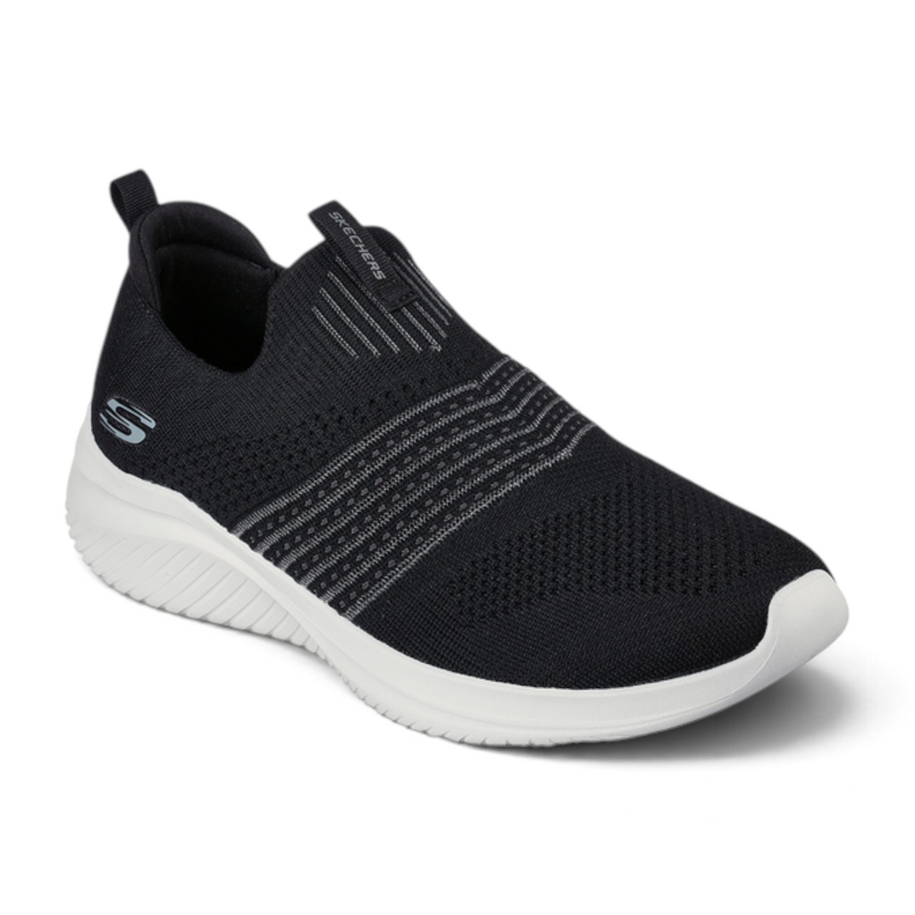 FRG Skechers Ultra Flex 3.0 black slip-on sneaker with a stretch-knit upper and white cushioned sole