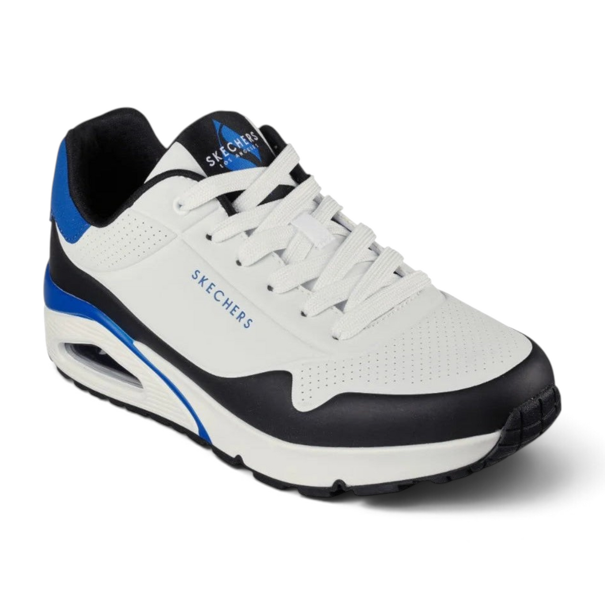 FRG UNO - BACK LIT Skechers sneaker in white with black and blue accents, featuring a cushioned air-sole unit.