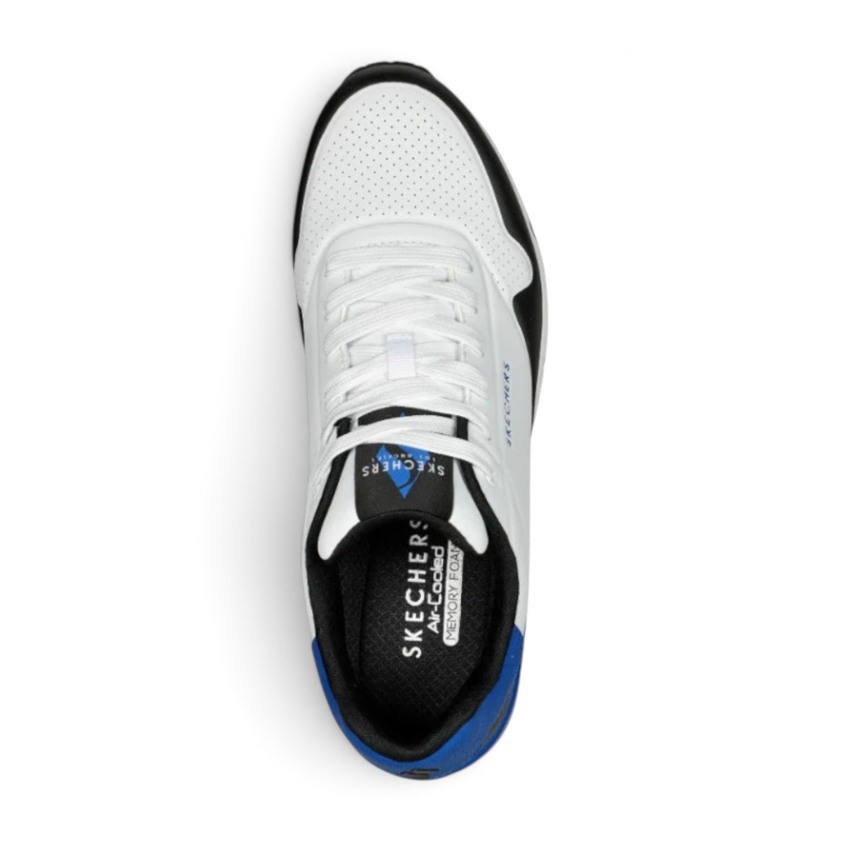 FRG UNO BACK LIT sneaker in white with black and blue accents, featuring a perforated upper and memory foam insole.