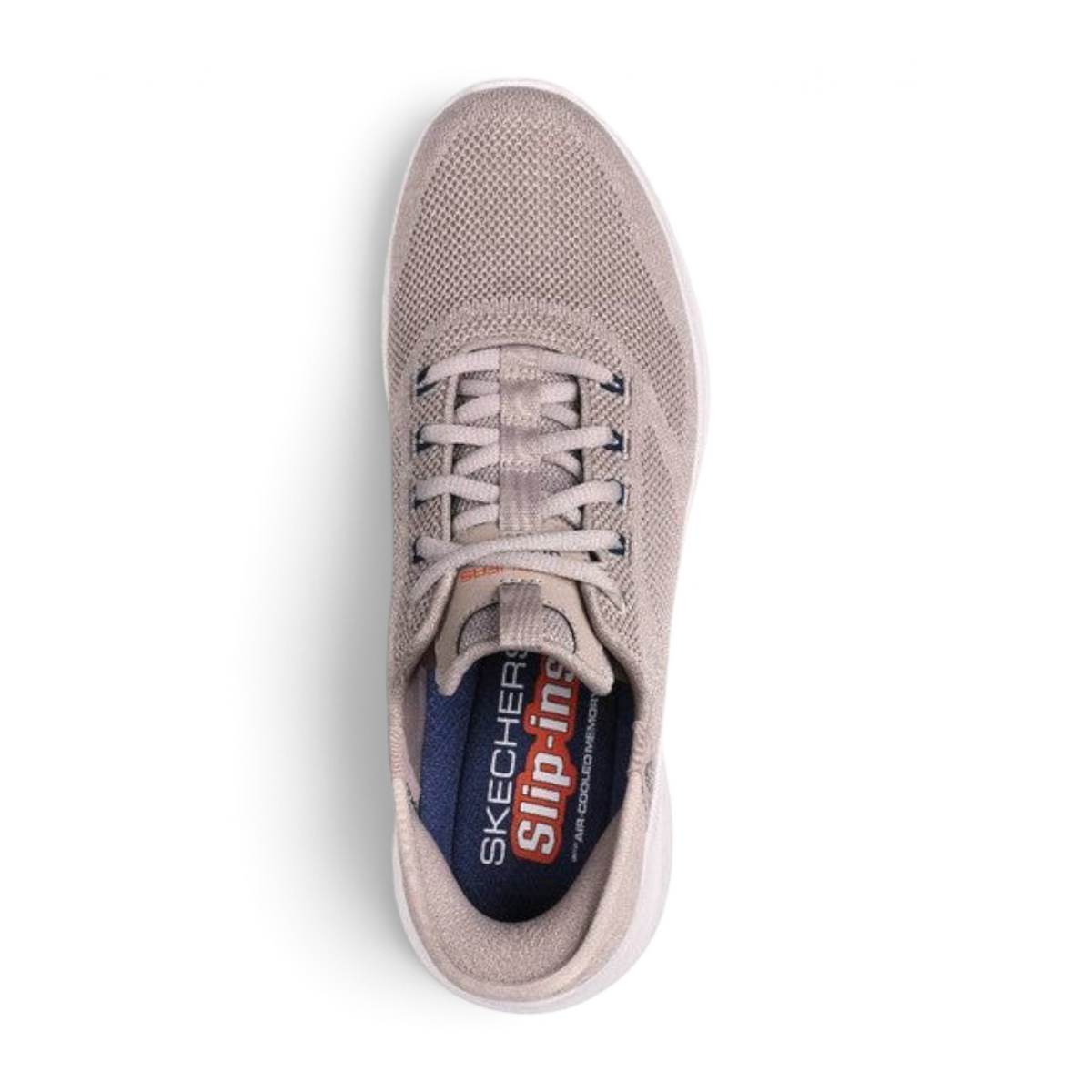 FRG Skechers Slip-Ins Ultra Flex 3.0 taupe vegan knit sneaker with memory foam insole, top-down view