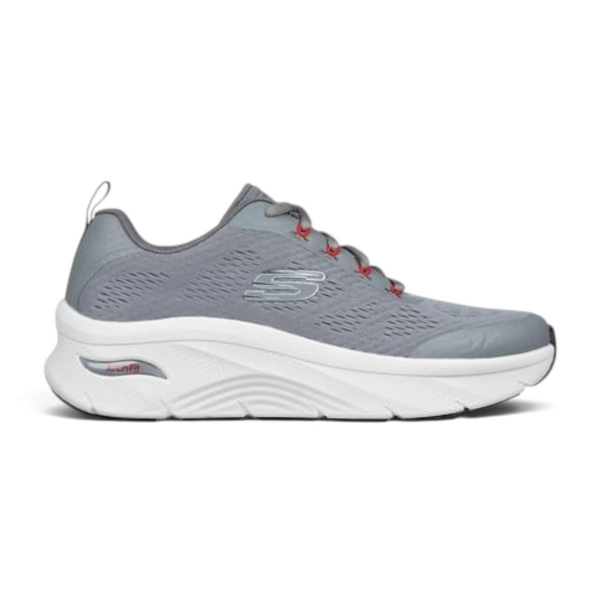 FRG ARCH FIT DLUX grey athletic sneaker with breathable mesh upper, cushioned white midsole, and red eyelet details.