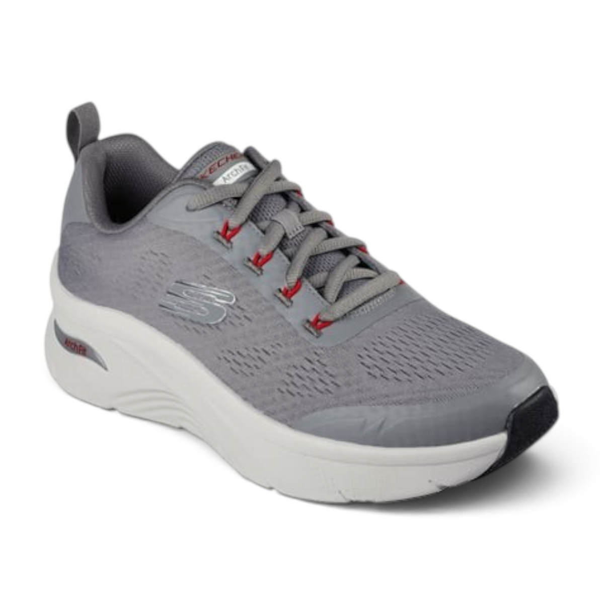 FRG ARCH FIT DLUX grey athletic sneakers with breathable mesh upper, cushioned white midsole, and red lace accents.