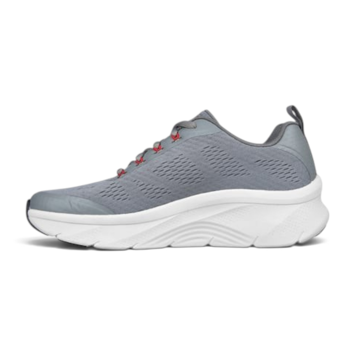 FRG ARCH FIT DLUX grey mesh athletic sneaker with a thick white cushioned midsole and red lace eyelet accents