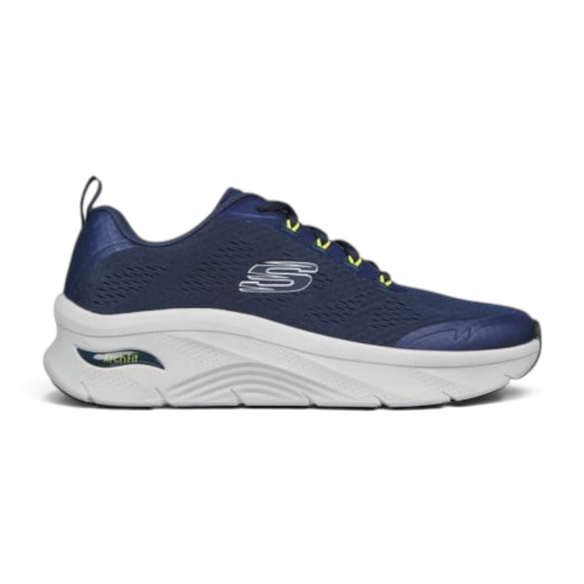 FRG ARCH FIT DLUX navy blue athletic sneaker with a thick white cushioned sole and yellow lace accents
