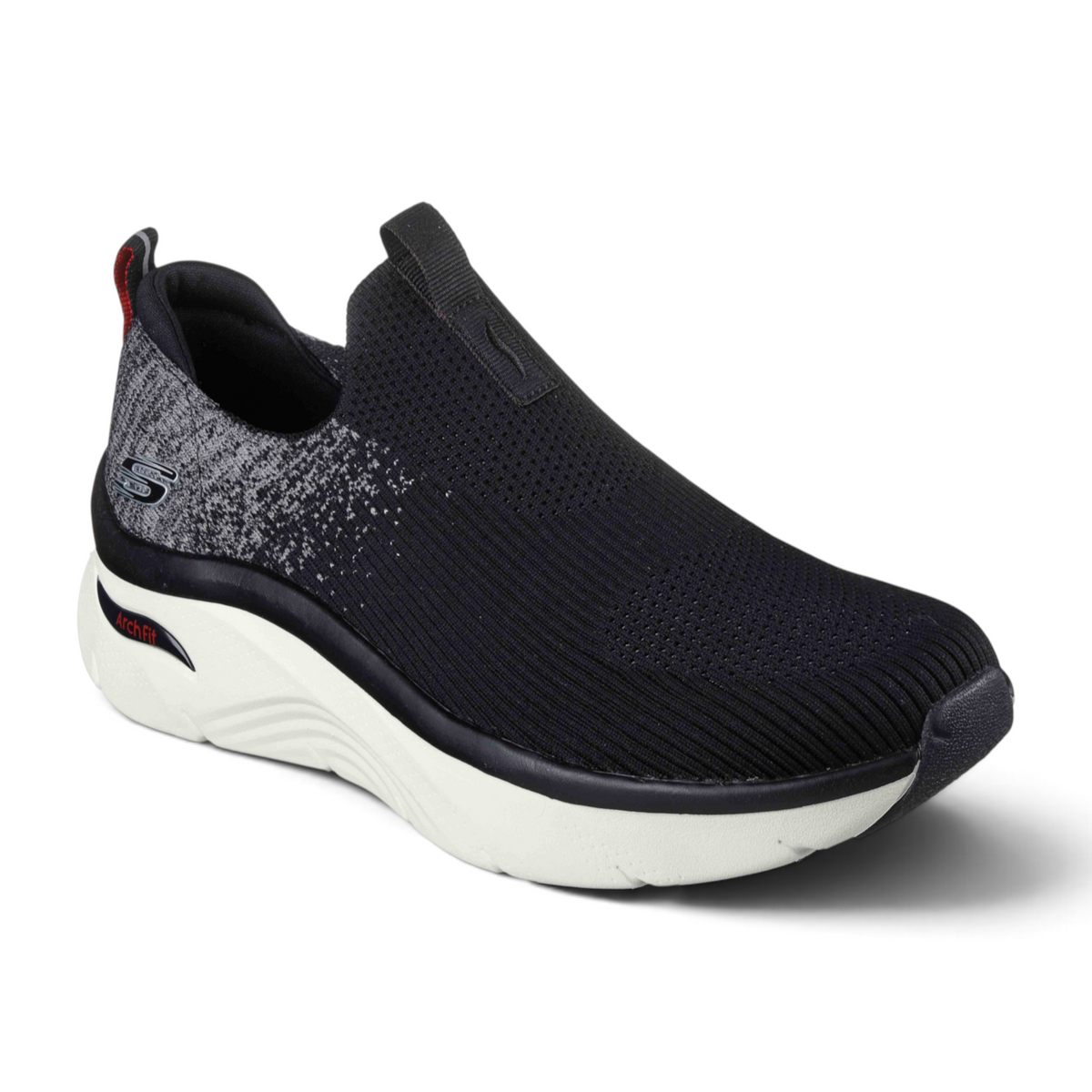 FRG Skechers Arch Fit D'Lux slip-on sneaker in black engineered knit with a white cushioned midsole