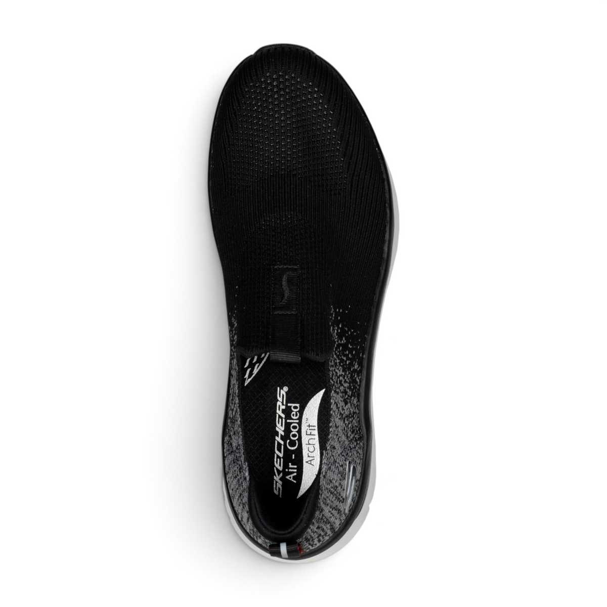 FRG Skechers Arch Fit DLUX slip-on sneaker in black with a breathable engineered knit upper and cushioned insole.