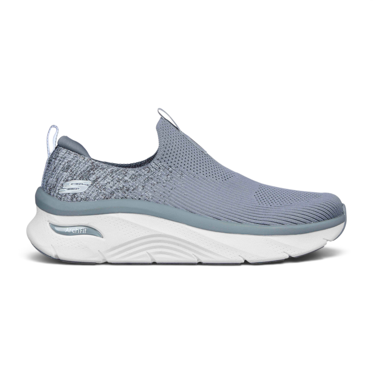 FRG Skechers Arch Fit D'Lux grey slip-on sneaker with a breathable engineered knit upper and cushioned white midsole.