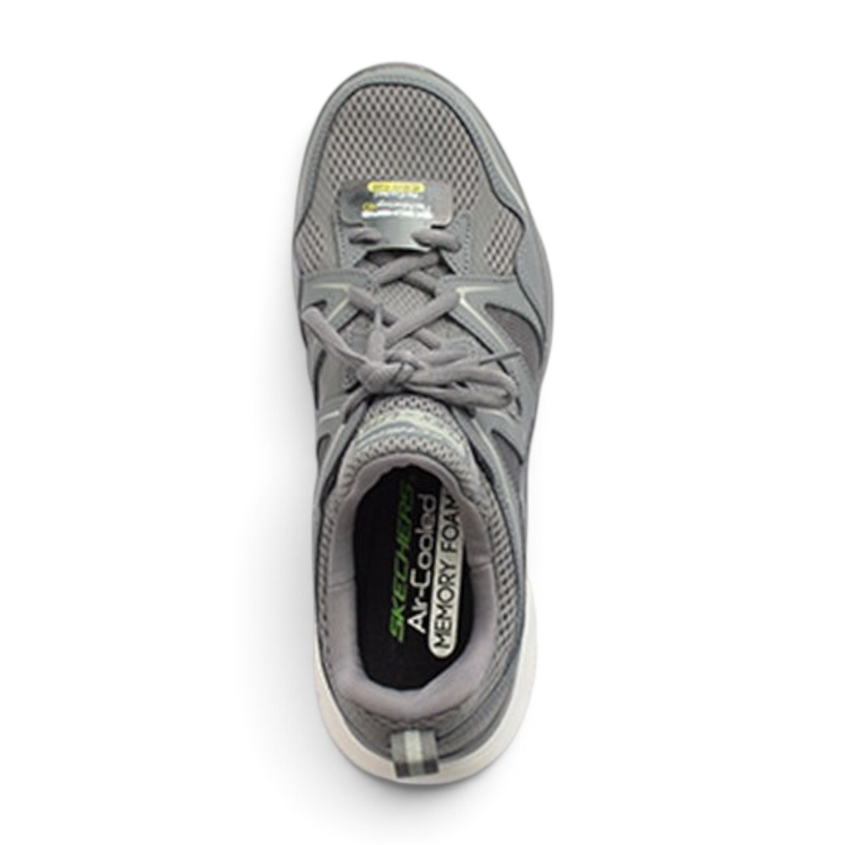 Top view of FRG Skechers Flex Advantage 4.0 charcoal athletic sneaker with breathable mesh and memory foam insole