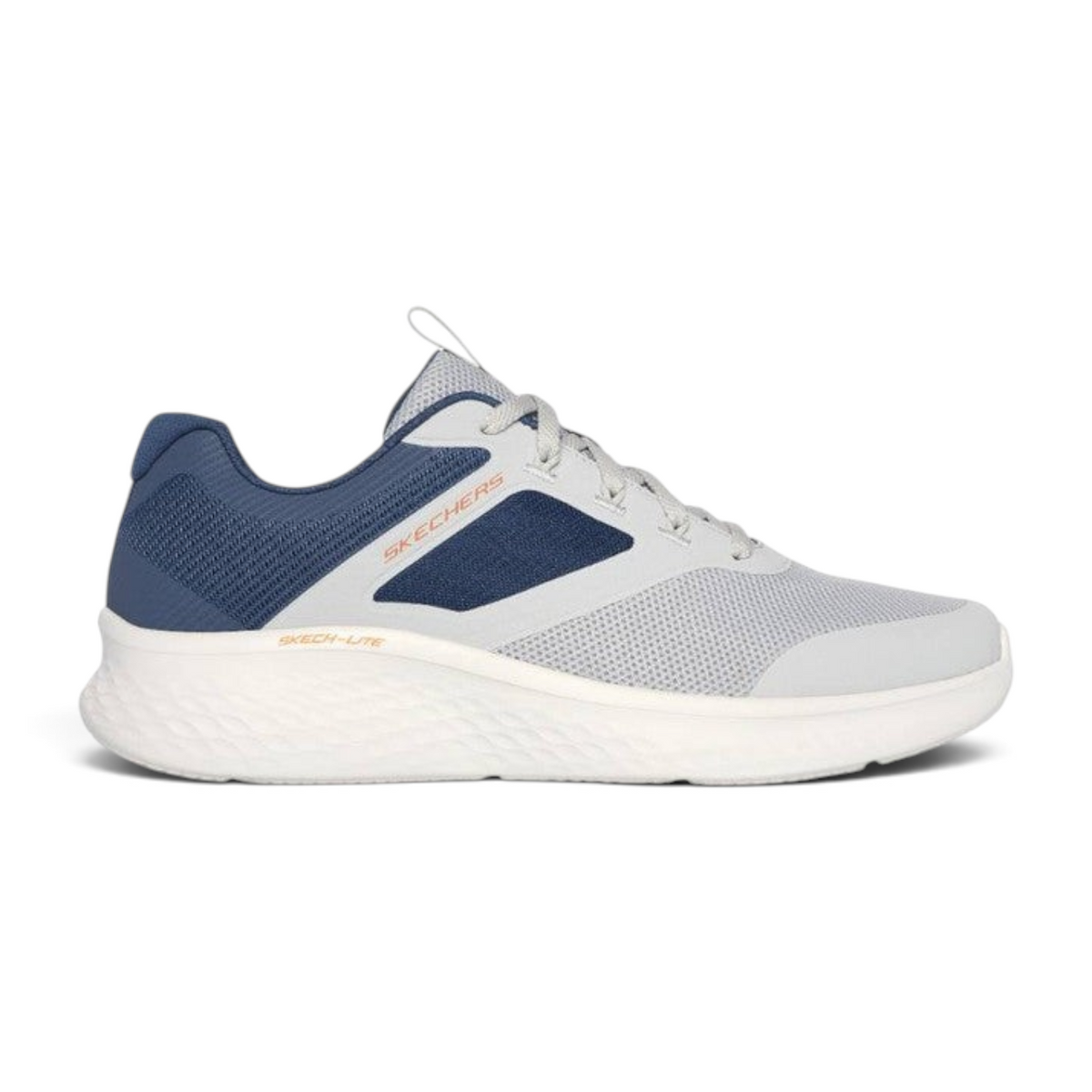 FRG Skechers Skech-Lite Pro sneaker in gray and navy with breathable mesh, lace-up closure, and white cushioned sole.