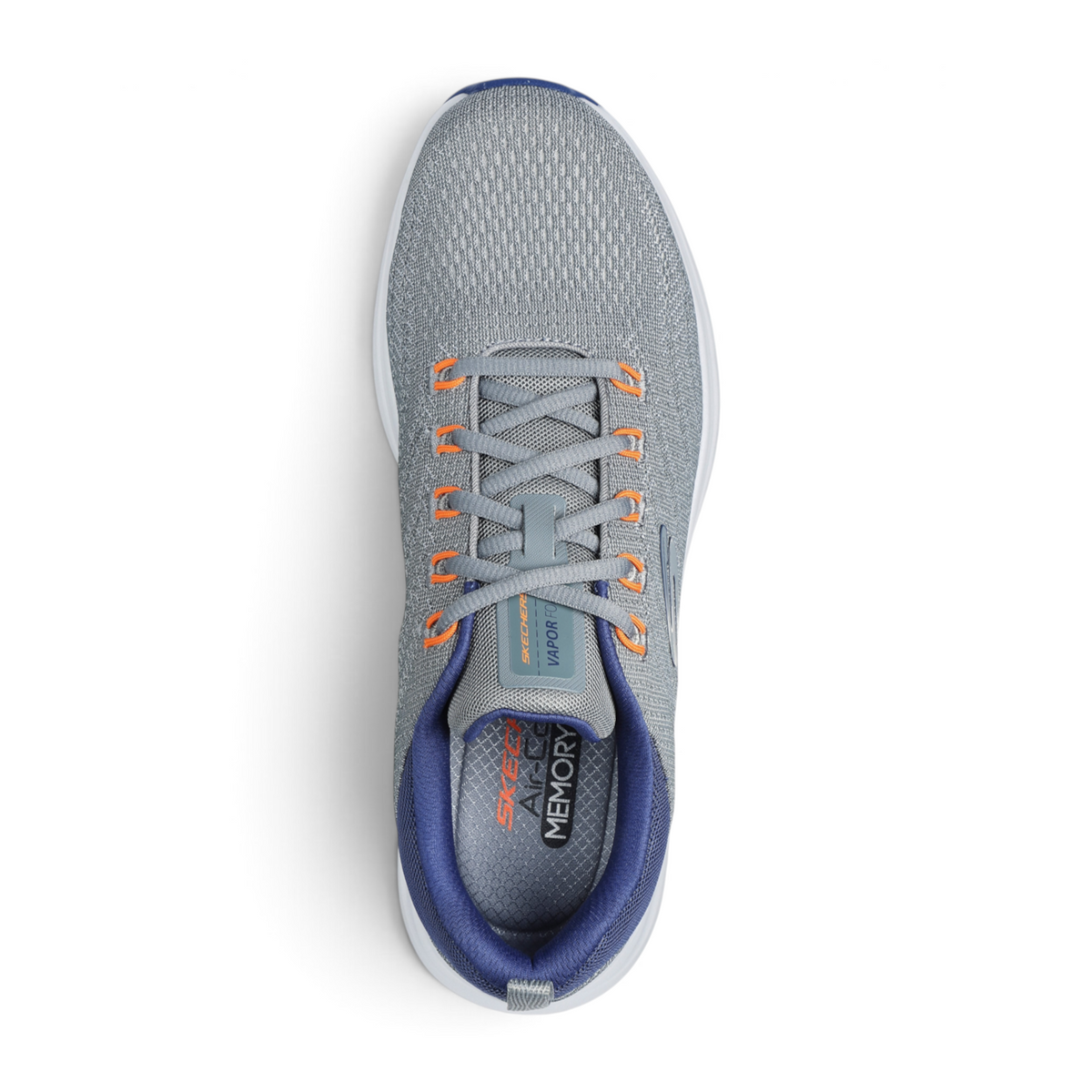 FRG Vapor Lite Varien grey mesh running shoe with orange eyelets and blue interior lining, top-down view.