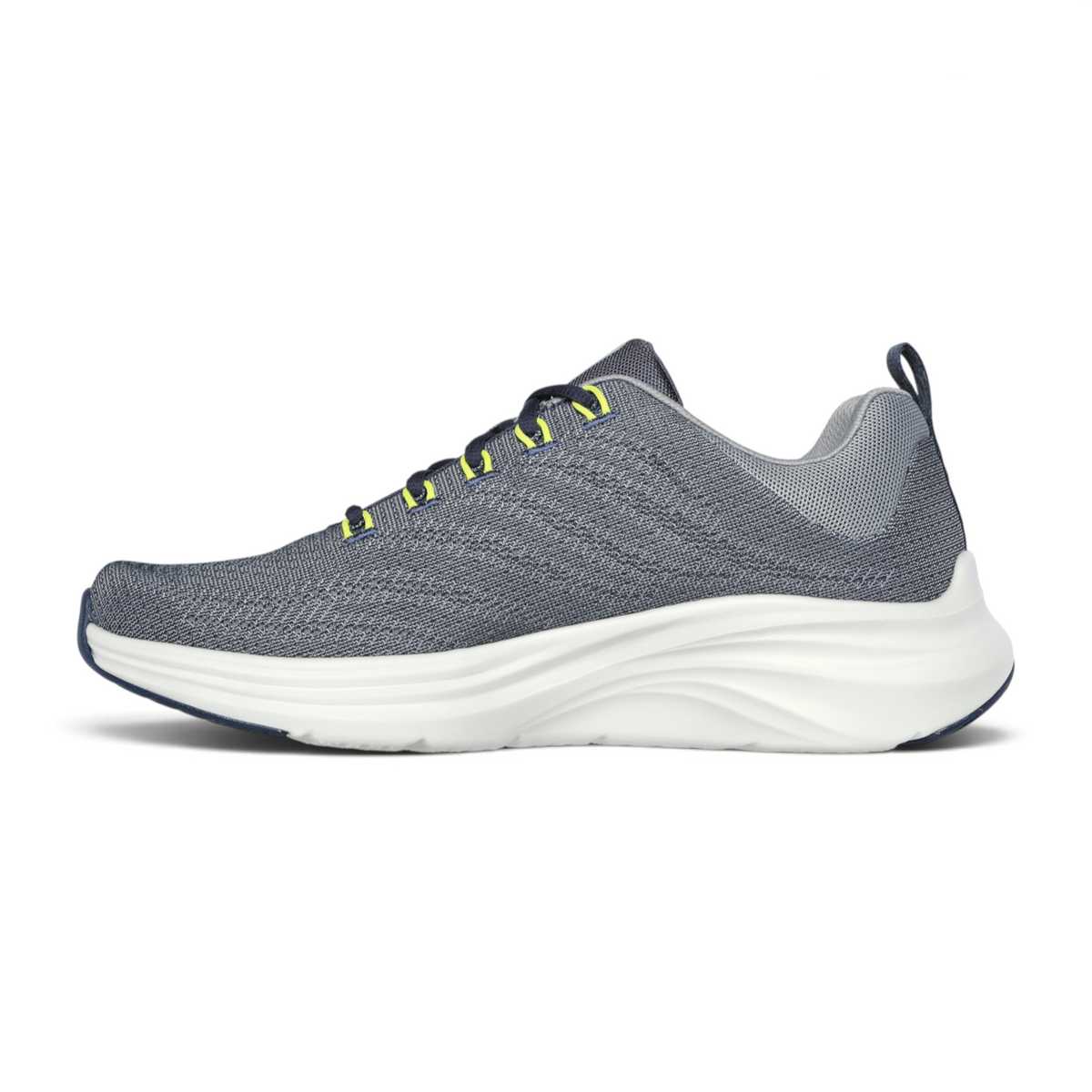 FRG Vapor Lite Varien running shoe in grey mesh with neon yellow lace loops and a thick white cushioned sole