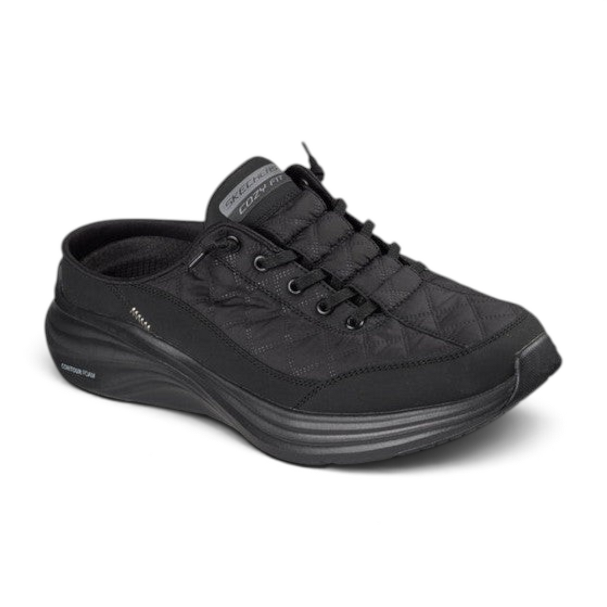 FRG Skechers Contour Foam Cozy Fit Shorva black mule sneaker with quilted mesh upper and cushioned midsole