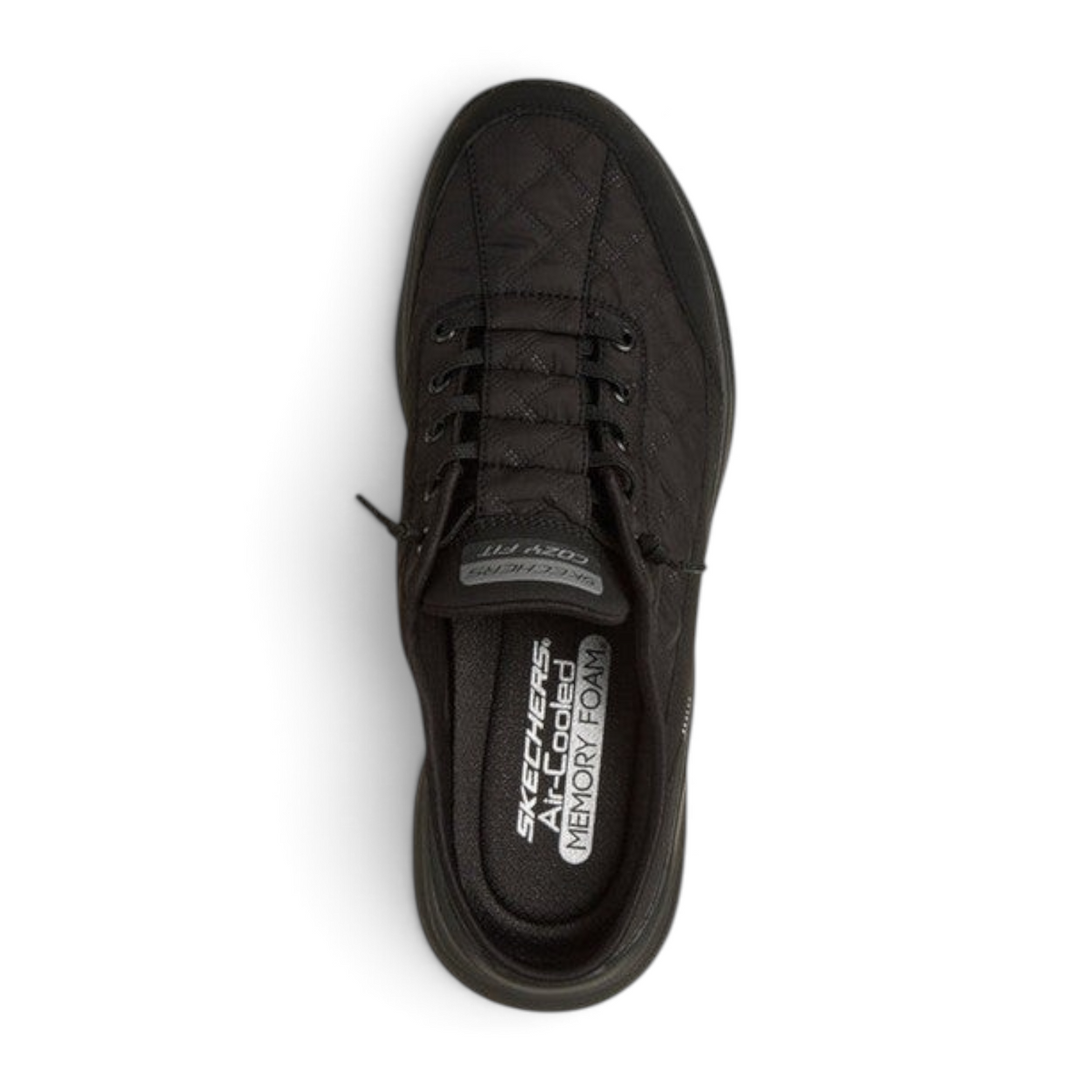 FRG Skechers Contour Foam Cozy Fit Shorva black mule sneaker with quilted mesh upper and memory foam footbed