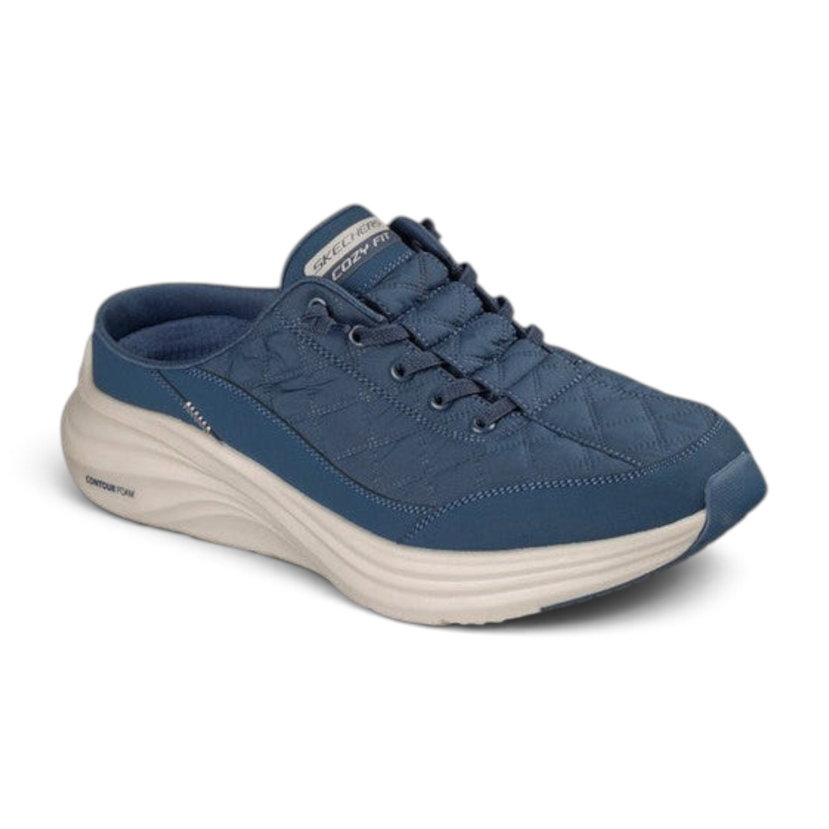 FRG Skechers Contour Foam Cozy Fit Shorva navy mule sneaker with quilted mesh upper and cushioned beige midsole