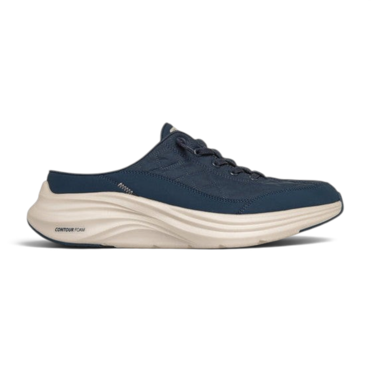 FRG Skechers Contour Foam Cozy Fit Shorva navy mule sneaker with quilted mesh upper and thick cushioned midsole