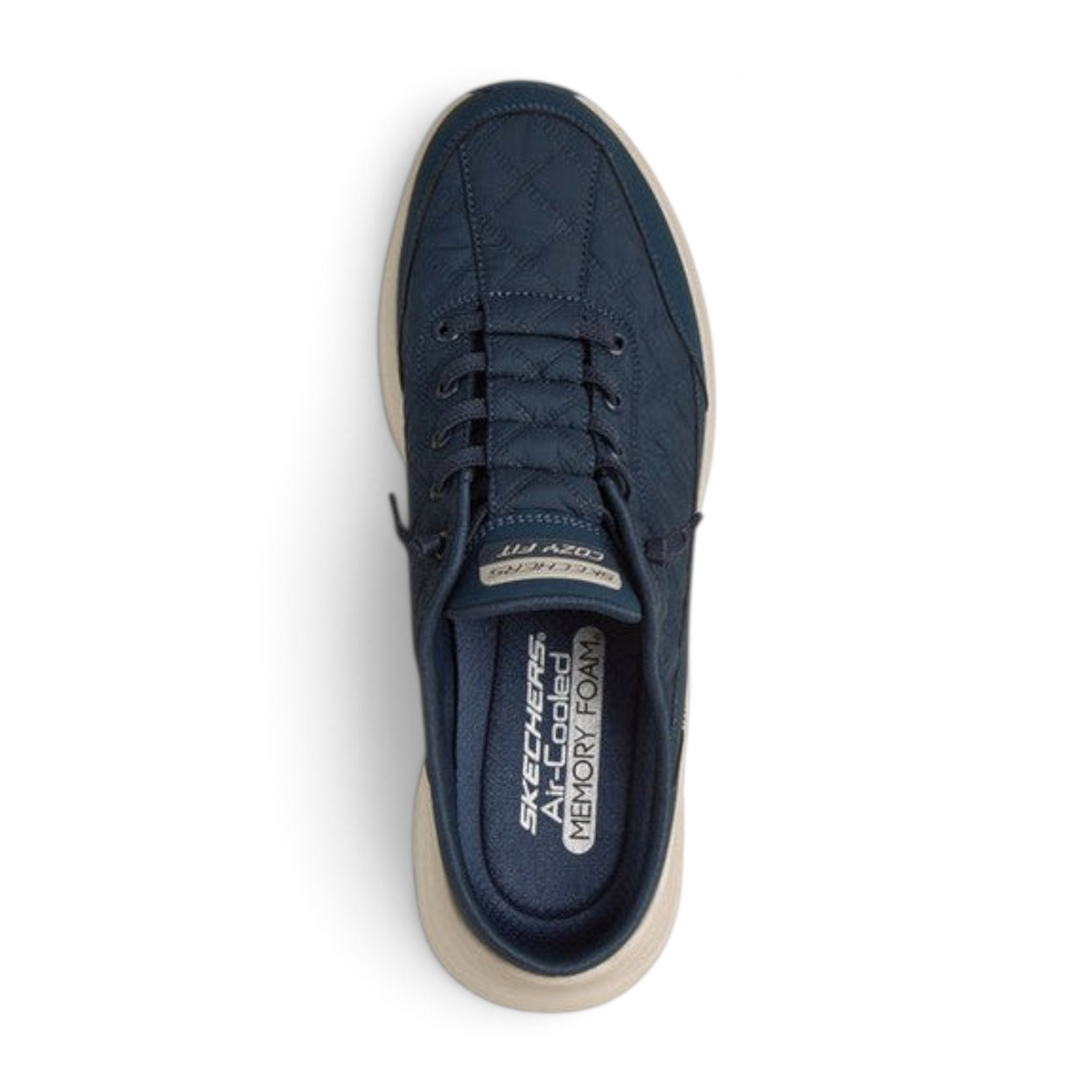 FRG Skechers Contour Foam Cozy Fit Shorva navy mule sneaker with quilted mesh upper and memory foam footbed