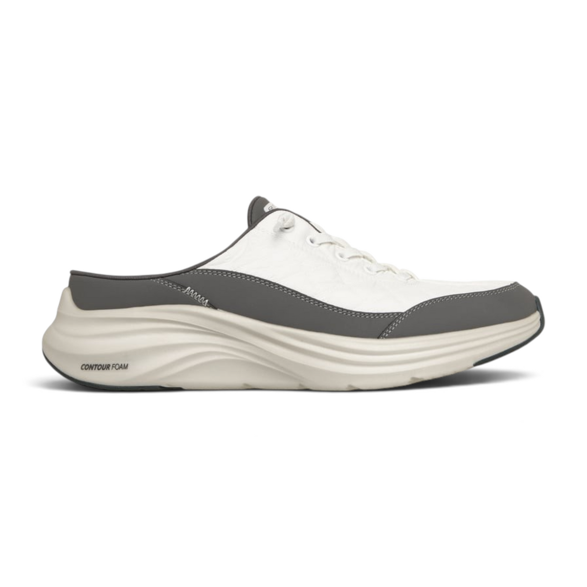 FRG Skechers Contour Foam Cozy Fit Shorva mule sneaker in white and charcoal with quilted mesh and stretch laces.