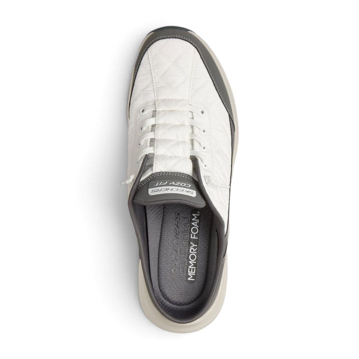 FRG Skechers Contour Foam Cozy Fit Shorva white and charcoal mule sneaker with quilted mesh and memory foam footbed