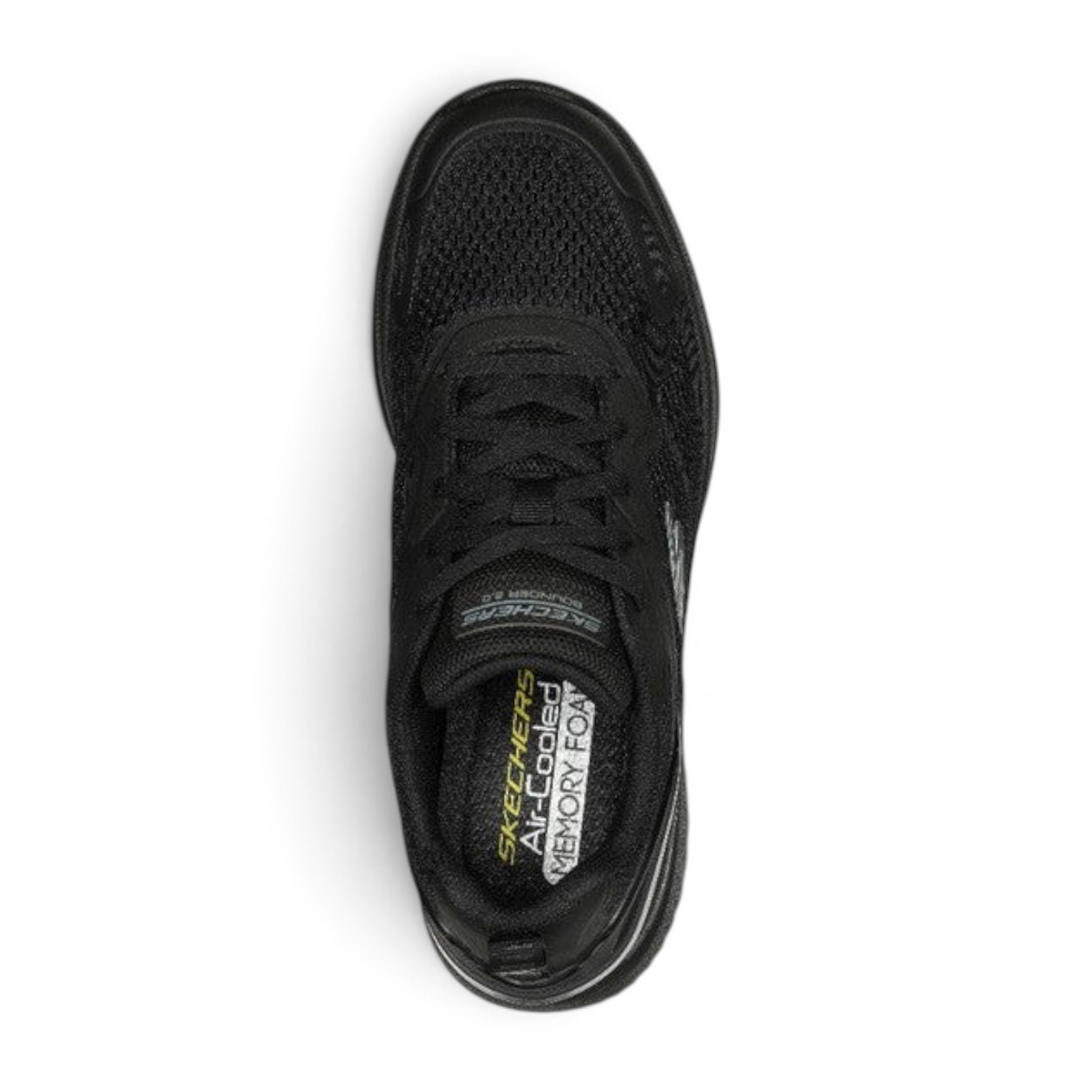 FRG Skechers Bounder 2.0 black lightweight lace-up athletic shoe with cushioned memory foam insole, top view.