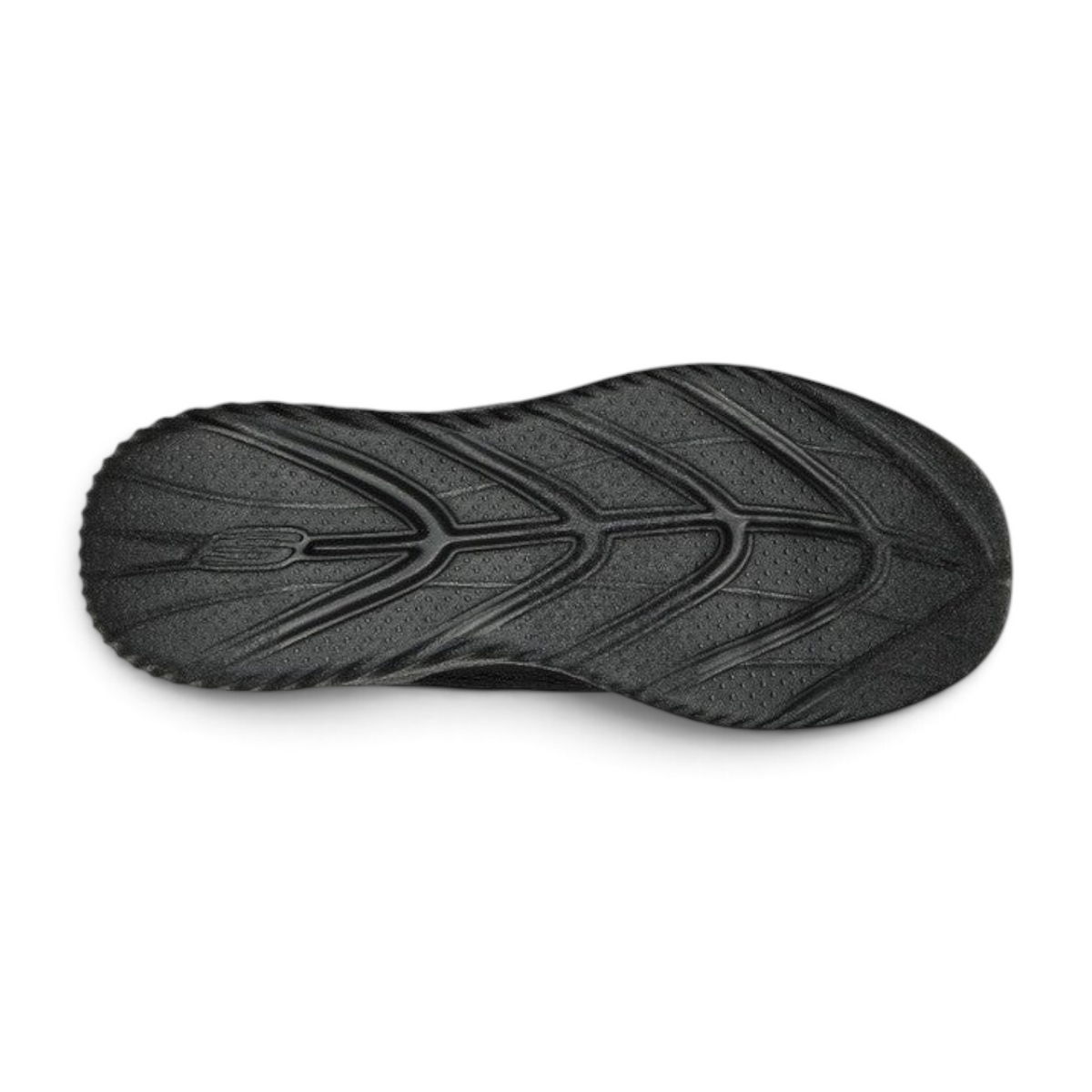 FRG Skechers Bounder 2.0 black athletic shoe showing the textured, flexible rubber outsole design.