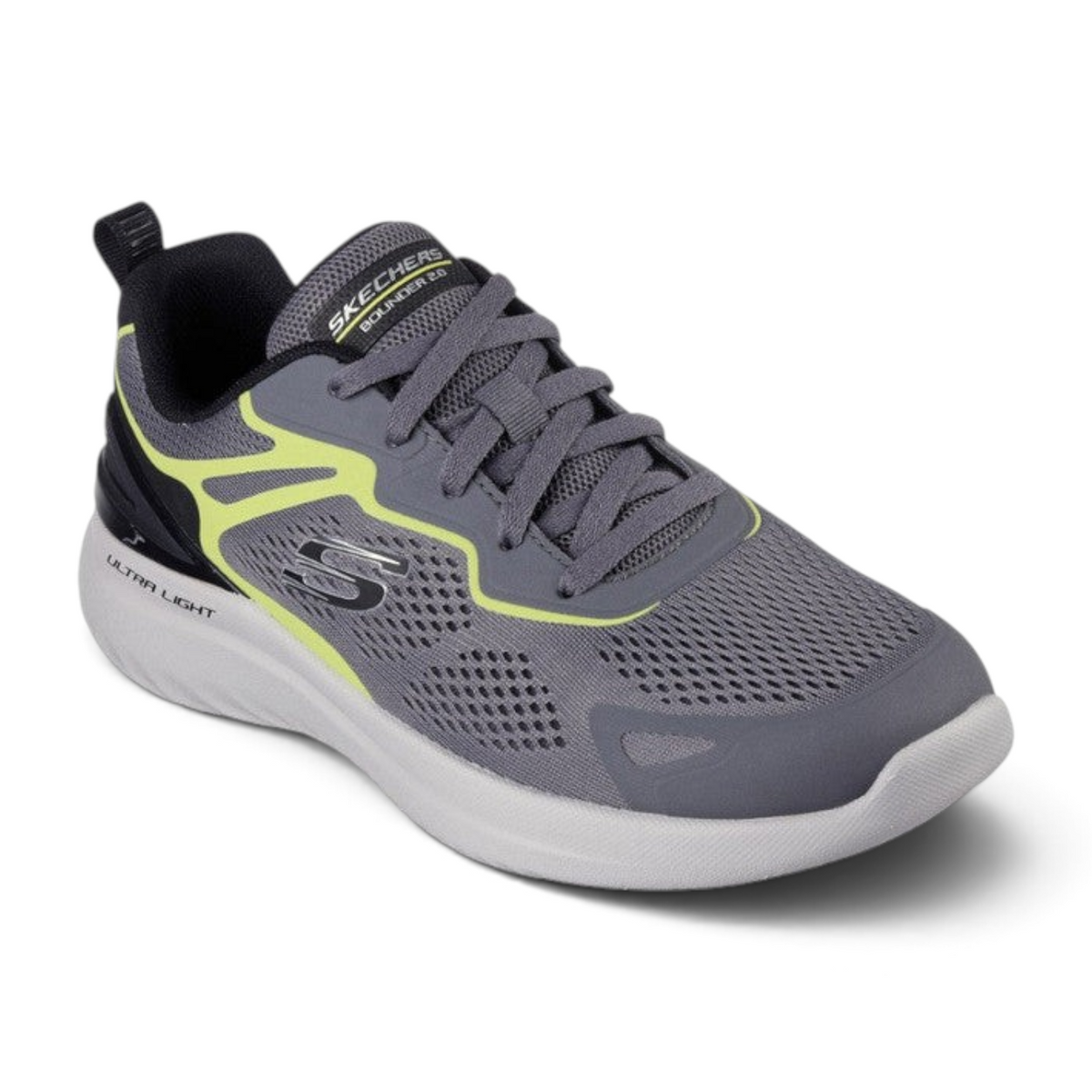 FRG Skechers Bounder 2.0 athletic shoe in charcoal grey with lime green accents, featuring a breathable mesh upper.