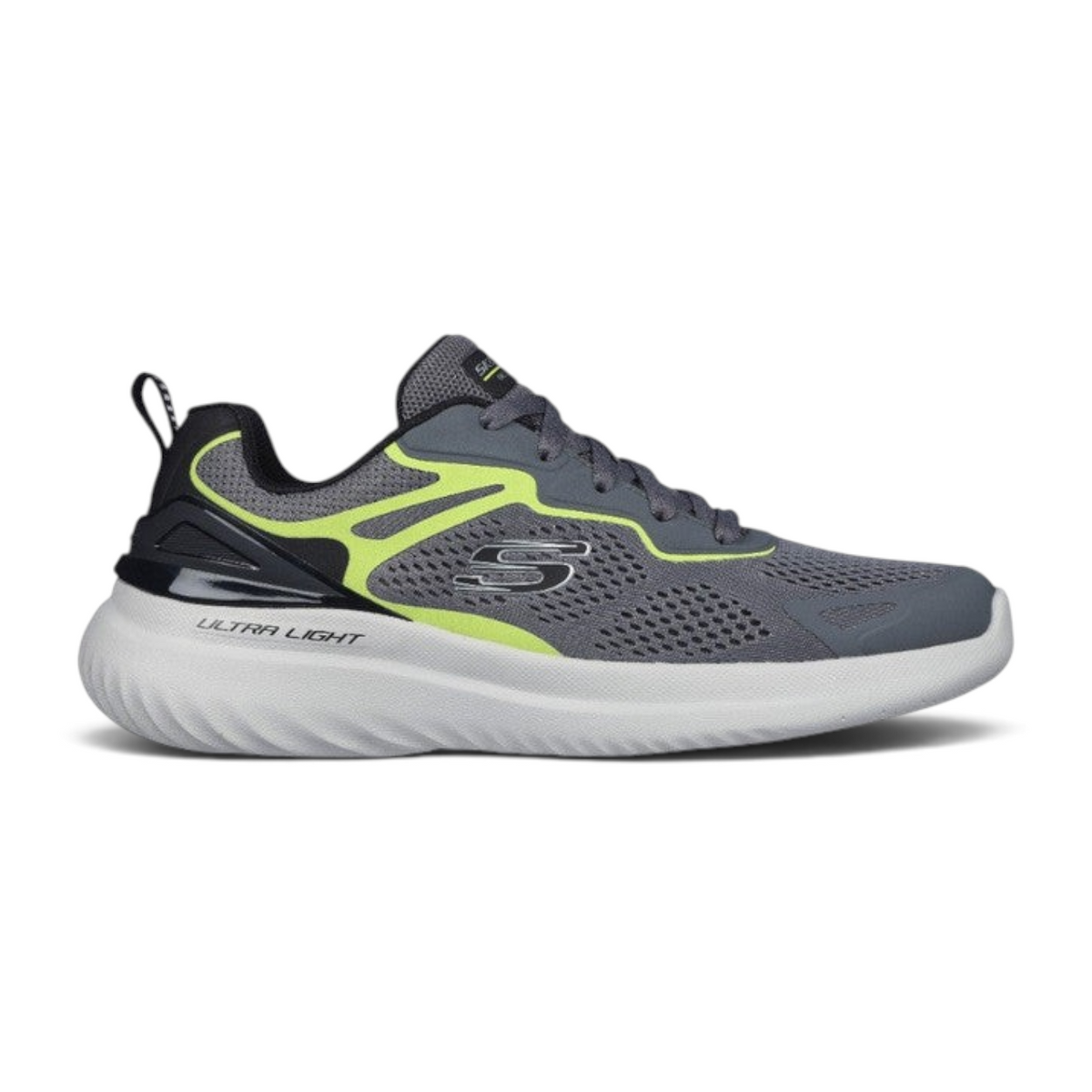 FRG Skechers Bounder 2.0 athletic shoe in charcoal grey with lime green accents and a white cushioned sole