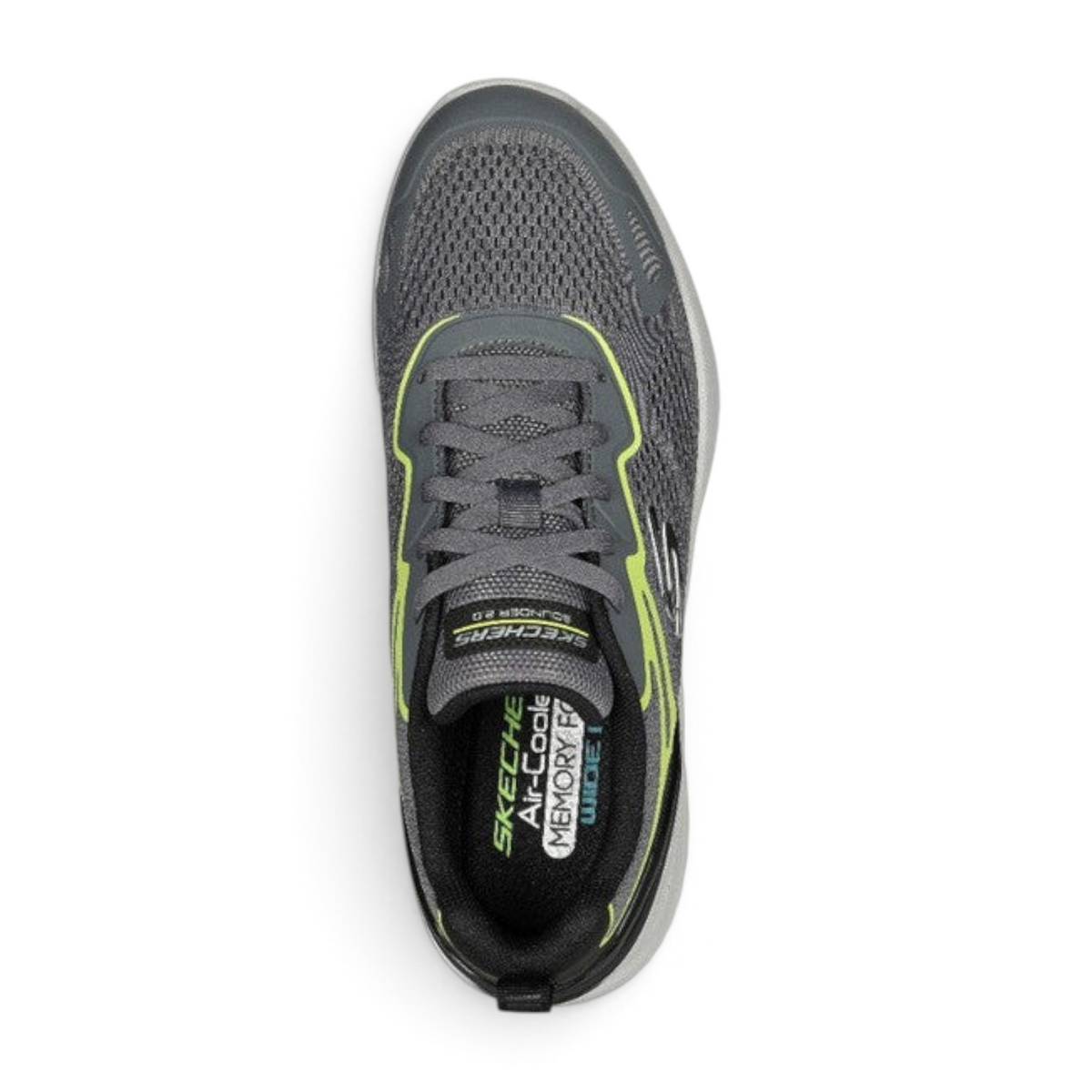 FRG Skechers Bounder 2.0 athletic shoe in charcoal grey with lime green accents and breathable mesh upper top view