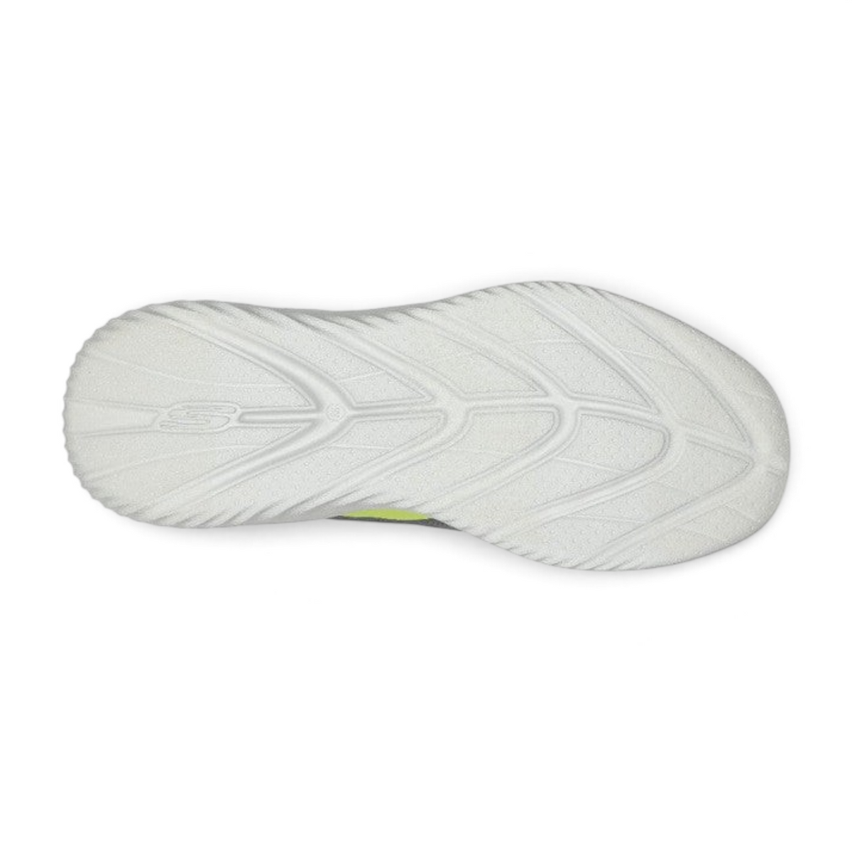 FRG Skechers Bounder 2.0 Andal athletic shoe showing the white textured traction outsole with lime green accents