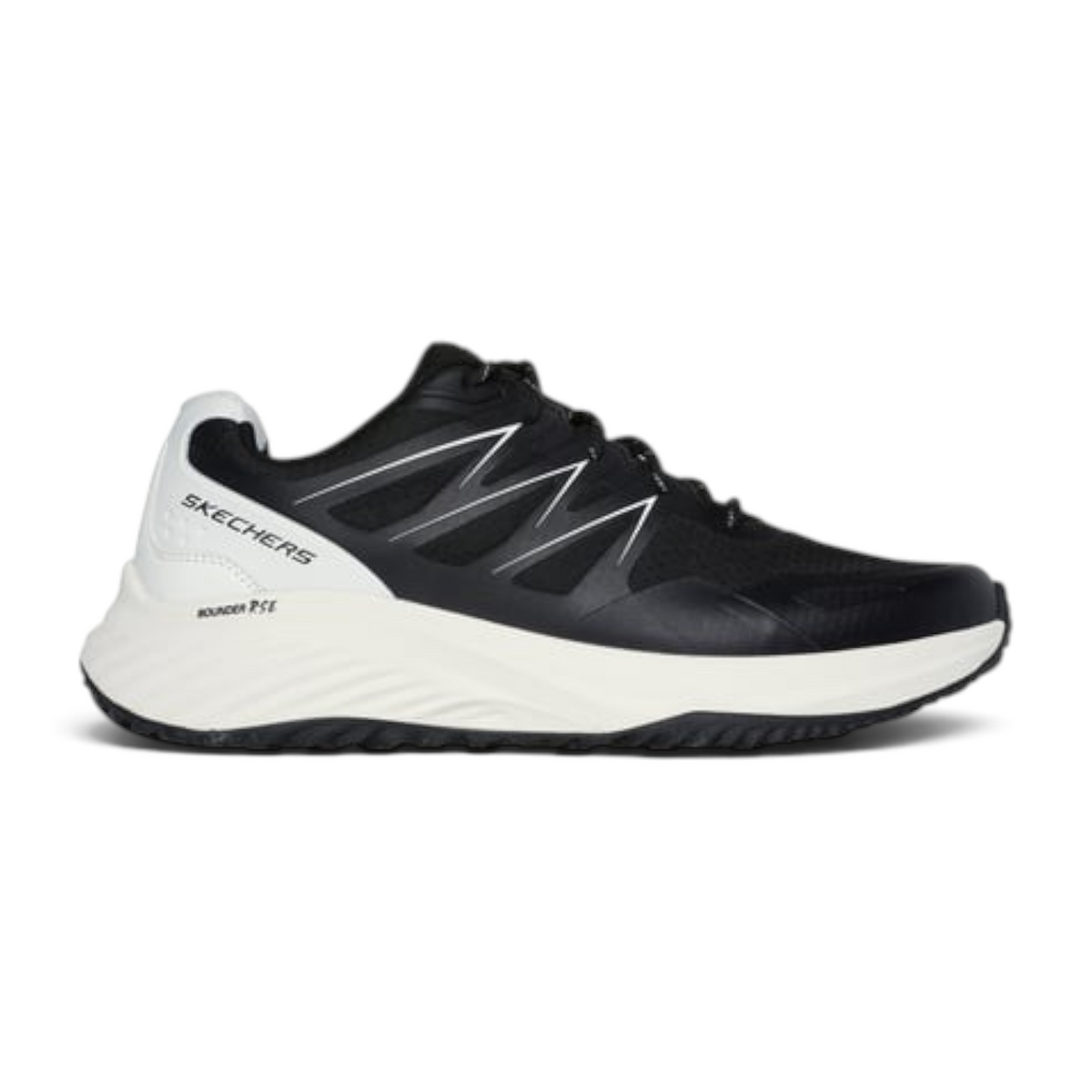 FRG Skechers Bounder RSE Zoner athletic sneaker in black and white with a mesh upper and thick cushioned midsole