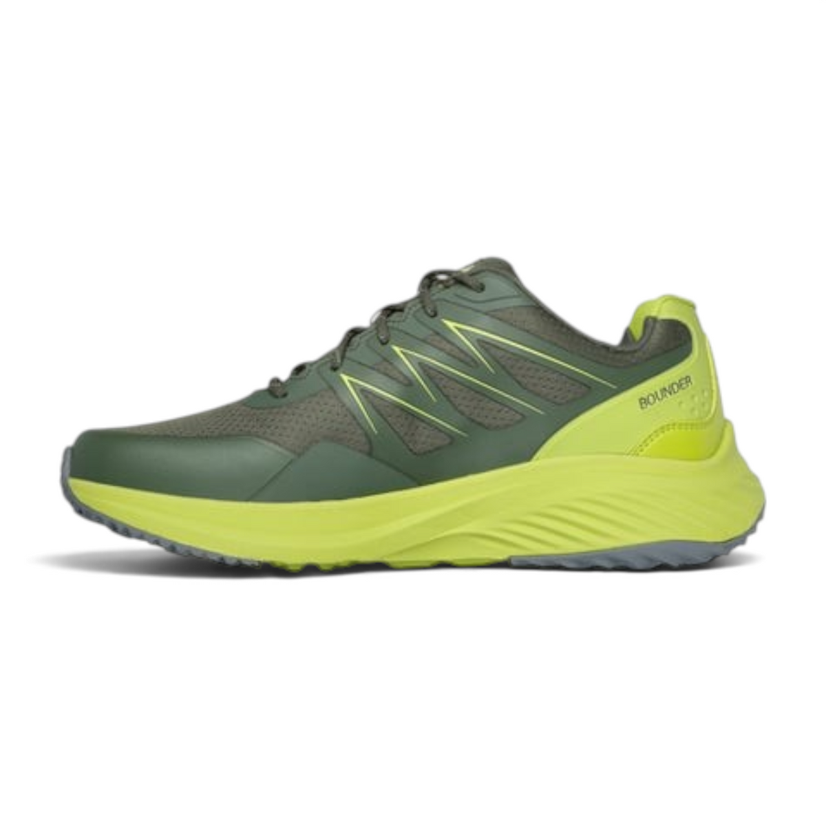 FRG BOUNDER RSE ZONER athletic sneaker in olive green and neon yellow with a breathable mesh upper and cushioned sole