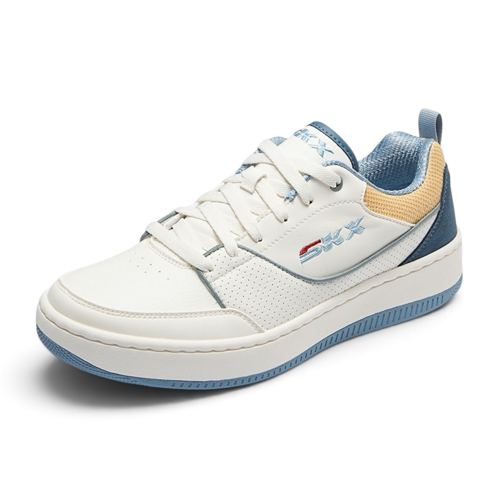 FRG SPORT COURT 92 lace-up sneaker in white duraleather with blue and tan suede overlays and memory foam cushioning.