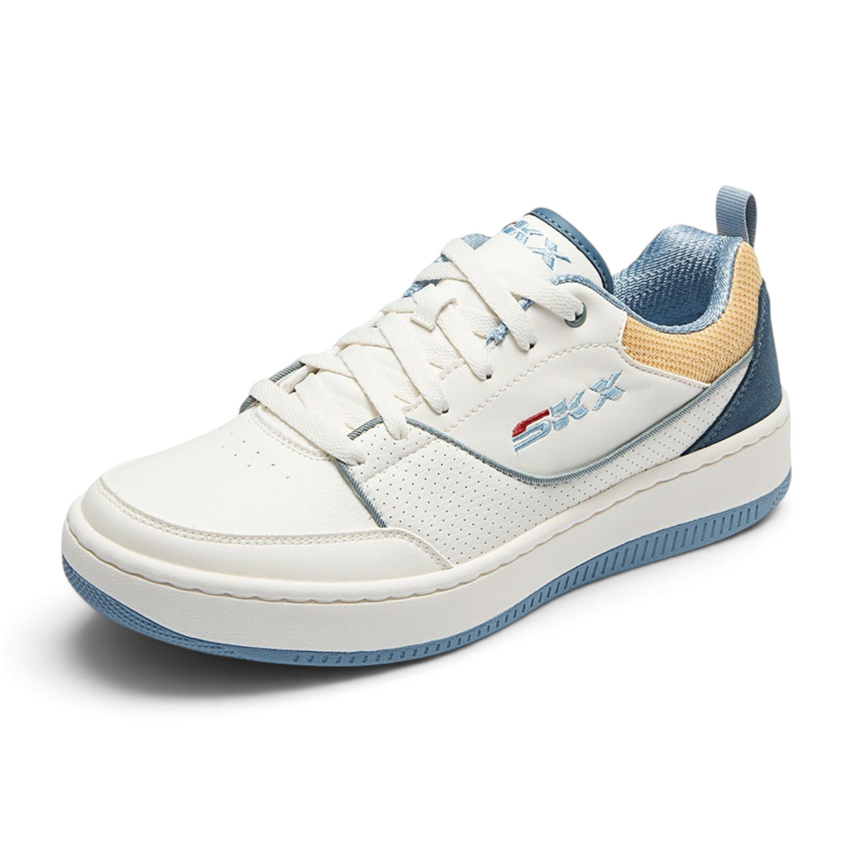 FRG SPORT COURT 92 lace-up sneaker in white duraleather with blue and tan suede overlays and memory foam cushioning.