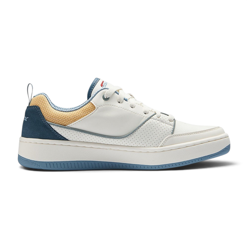 FRG SPORT COURT 92 lace-up sneaker in white duraleather and suede with air-cooled memory foam and blue accents.