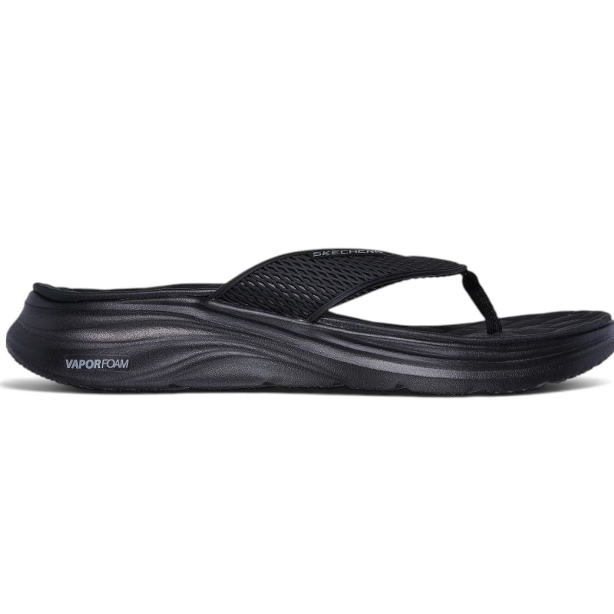 FRG Skechers Vapor Foam sporty black thong sandal with ultra-light cushioned sole and textured strap