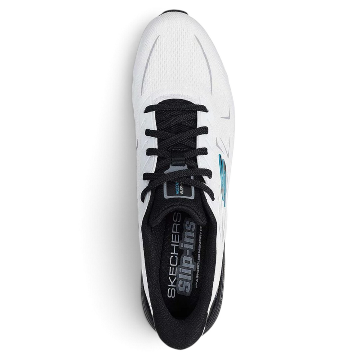 FRG Skechers Glide-Step Pro Vextra white and black mesh slip-on sneaker with geometric midsole, top-down view