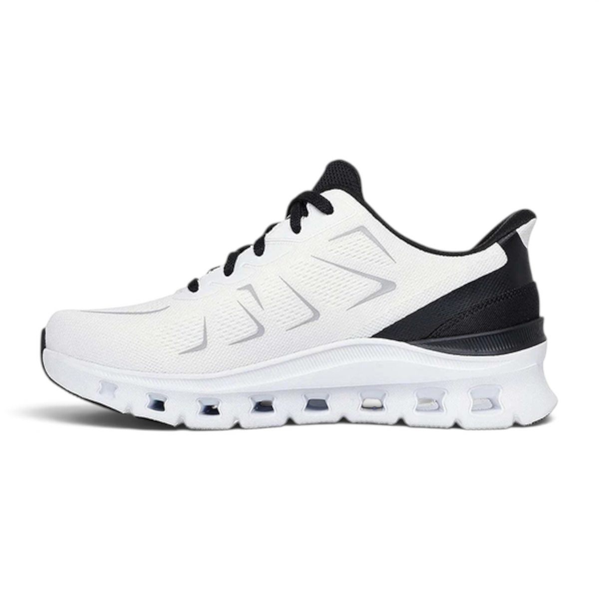 FRG Skechers Glide-Step Pro Vextra white and black mesh slip-on sneaker with geometric cushioned midsole